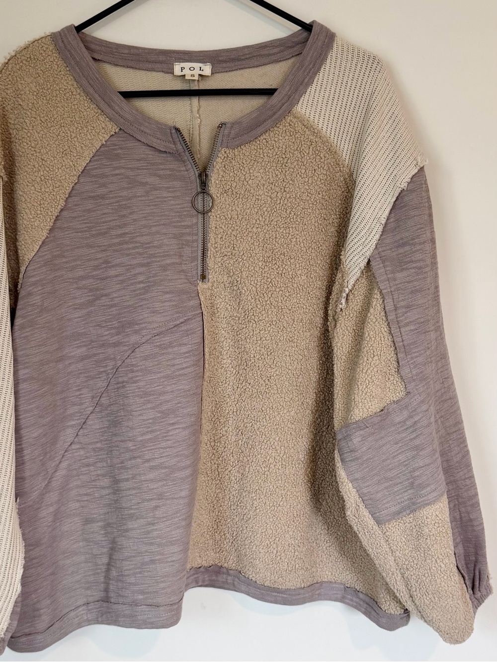 POL Patchwork Quarter Zip Pullover in Taupe and Beige - Size: Small - Picture 7 of 14